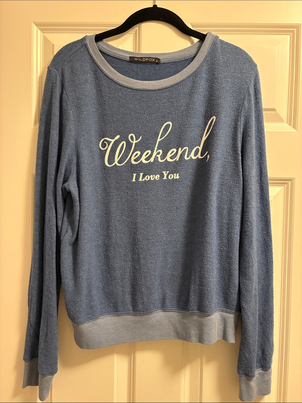 Wildfox Blue Terry Pullover with "Weekend, I Love You" Script
